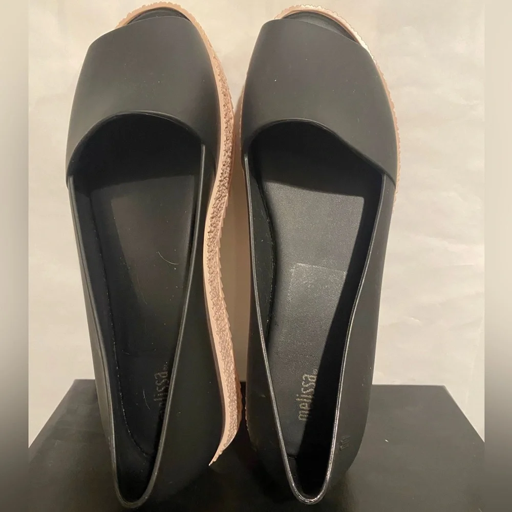 Melissa Puzzle Ad Flats Rubber Platform Open Toe Slip On In Black Size 6